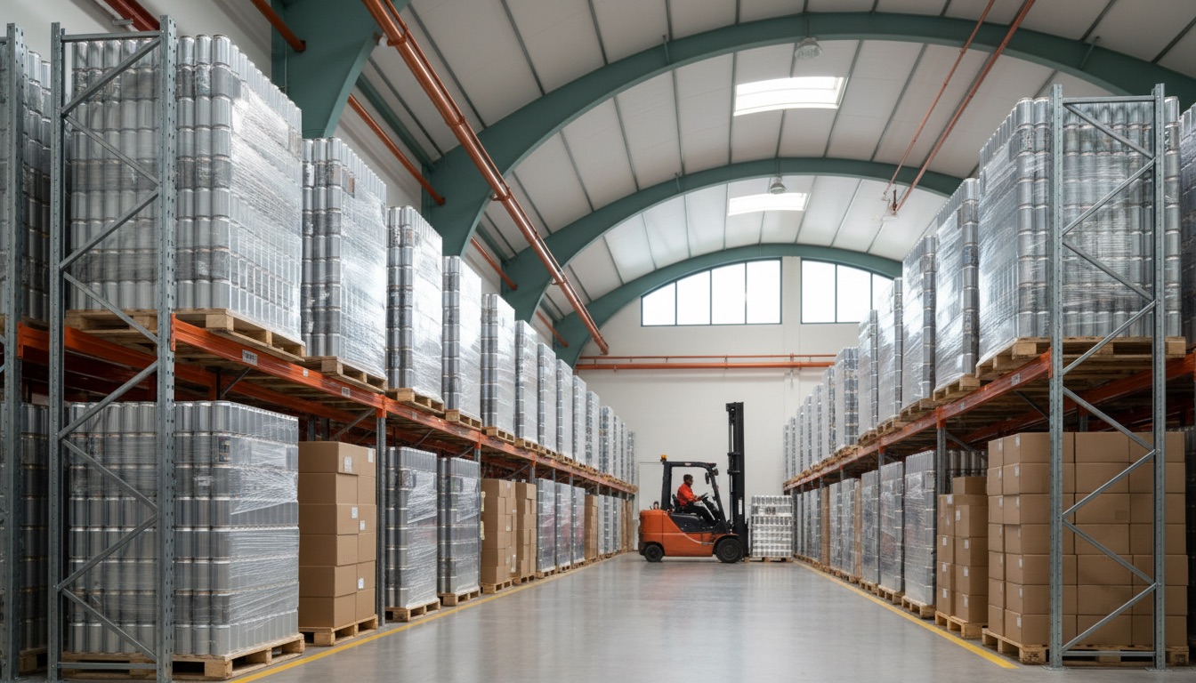 Pallets of cans in a warehouse